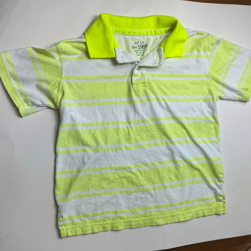 Est. 1989 Boys Polo Shirt Neon Yellow Stacked Chunky Stripe Small 5-6